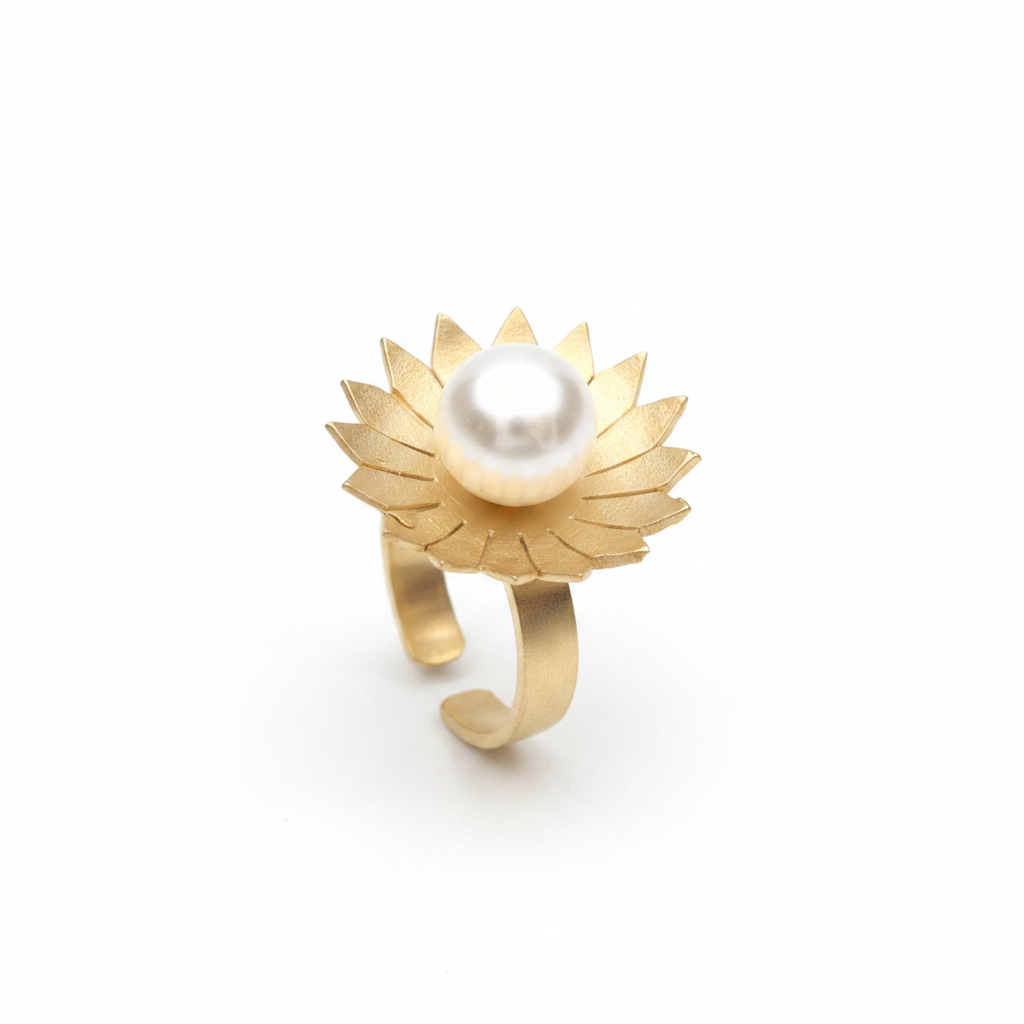 Anillo dorado en forma de flor con perla blanca central sobre fondo blanco